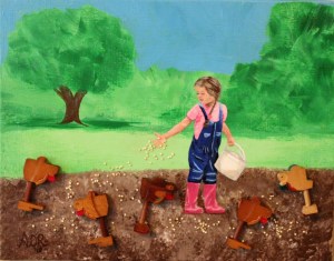 acrylic painting of girl feeding chickens